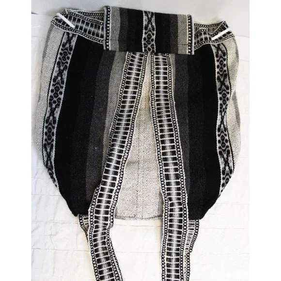 Peruvian Woven Backpack Native Inca Llama Black White Drawstring Pocket Lined